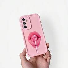 1 pieza Funda de teléfono con diseño de labios de piruleta, marco de lente mate rosa con diseño escalonado de cobertura completa y anti-caída, carcasa suave compatible con Samsung/Galaxy/OPPO/VIVO/Honor/Realme