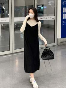 女士纯色简约休闲吊带连衣裙，优雅黑色 - 黑色 - 查看 4