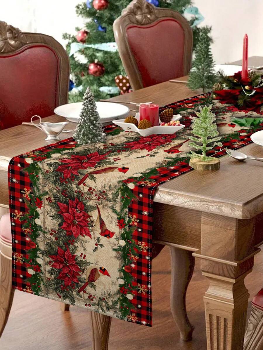 1 pieza Camino de mesa con diseño de pájaro navideño, Camino de mesa decorativo navideño, Camino de mesa tipo lino navideño, Camino de mesa, Camino de mesa, 1 pieza Camino de mesa, 4 piezas Individuales, 1 pieza Funda de cojín, 3 productos disponibles, Decoración de hogar de temporada para interiores/exteriores, Decoración de hogar de invierno, Decoración navideña, Decoración de habitación navideña, Decoración de fiesta navideña - Multicolor - Ver 1