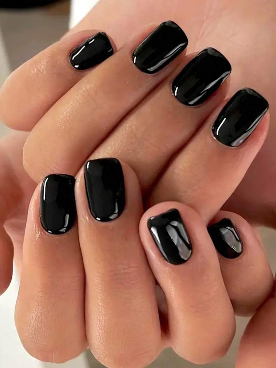 120pcs Black Press-On Nails, Short & Medium Length, Square Shape, Full Coverage Artificial Nails, Finger Decoration, Suitable For Office & Daily Wear Nail Supplies