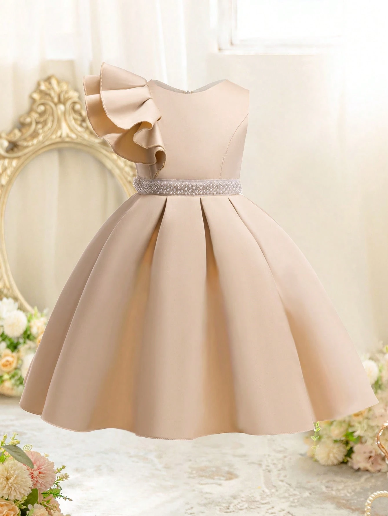 Ehomkids Young Girl Solid Color Satin Party Dress With Faux Pearl Belt, Ruffle