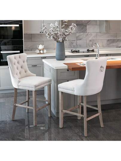 Contemporary Fluwelen Upholstered Bar Stool Buttoned Lattice Wooden Legs Chrome Nailhead Chair, Stools, DE2002BL view 7