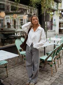 女士时尚白色长袖翻领衬衫，正面带纽扣口袋，腰部抽绳设计，休闲涤纶上衣 - 白色 - 查看 5