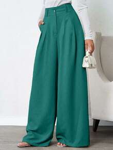 Women Plain Straight Leg Woven Fabric Long Suit Pants With Pocket Zipper Button - Green - View 2