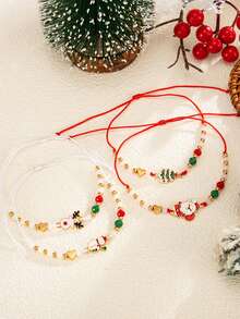 4 piezas Pulsera ajustable con cuentas de reno y Papá Noel de estilo navideño, set de accesorios minimalistas con campana y corona, decoración navideña
