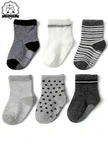 6 Pairs Cotton Baby/Toddler Anti-Slip Grip Socks With Star & Stripe Patterns, Breathable