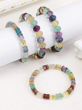 1 件天然石彩虹萤石手链水晶串珠手链招财进宝能量弹性手镯 H783