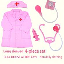 4pcs Doctor Role Play Costume Set In Pink(Long Sleeve Nurse Uniform+Stethoscope+Injection Syringe+Blood Pressure Monitor), Toys For Little Girls Age 3-6 - Pink - View 7