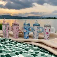 1pc 14oz Tumbler With Handle And Staw Stainless Steel Car Mug With Colorful Pattern On The Body, With A Handle Straw, Suitable For Home And Travel Use Can Be A Gift For Family And Friends - 繁殖花粉 - 查看 1