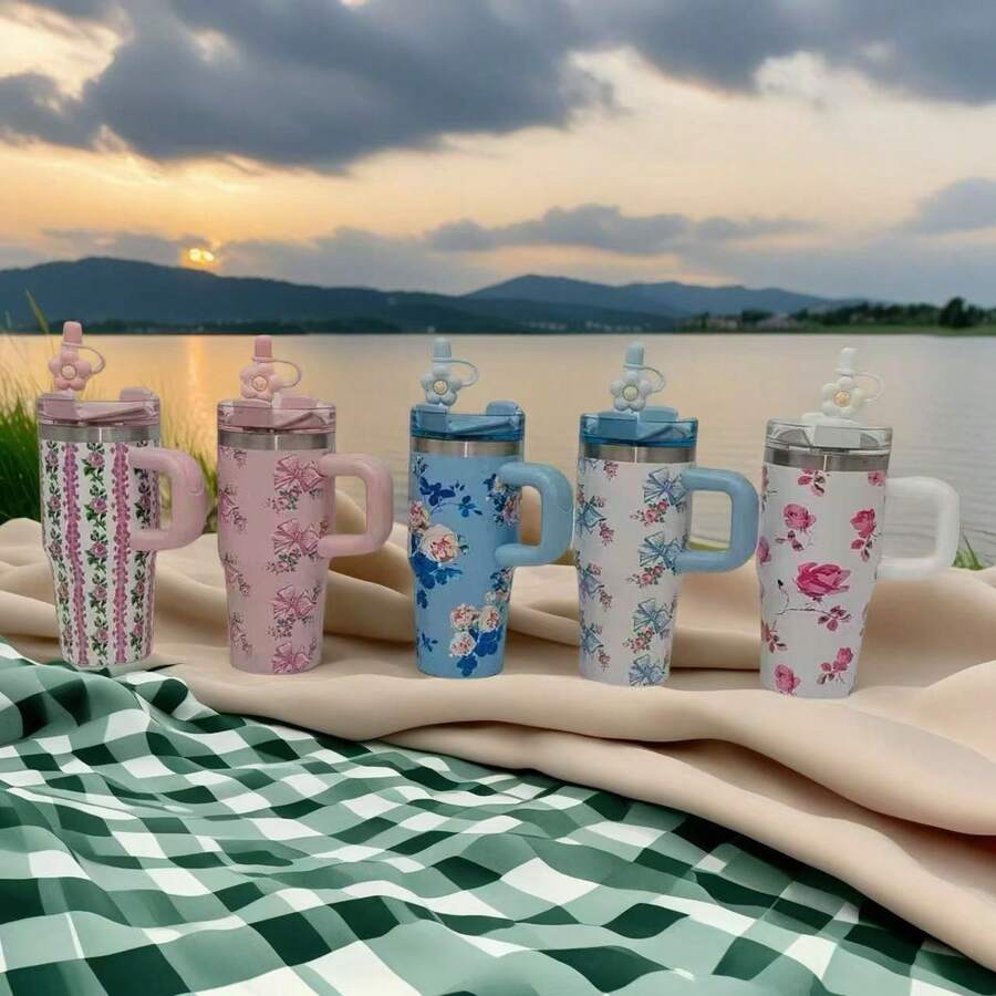 1pc 14oz Tumbler With Handle And Staw Stainless Steel Car Mug With Colorful Pattern On The Body, With A Handle Straw, Suitable For Home And Travel Use Can Be A Gift For Family And Friends - 繁殖花粉 - 查看 1