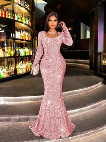 CHOSMO Women's New Autumn Sequin Long Sleeve Mermaid Formal Dress, Glamorous Elegant Fitted High Waist Evening Gown Wedding Spring Party - Baby Pink - View 5
