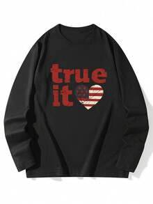 Women's Loose Fit Cotton Letter, National Flag, Heart Print Long Sleeve T-Shirt, Versatile For Spring & Autumn - Black - View 4