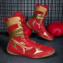 男士专业摔跤鞋，高帮竞赛训练鞋，摔跤鞋和健身靴，彩色拼接运动鞋，合成皮革和网眼材质，室内健身防滑拳击训练鞋，适合所有季节，尺码：39-48 - 紅色 - 查看 3