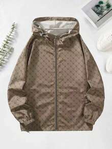 1pc Men's Long Sleeve Letter All-Over Print Hooded Jacket, Streetwear Casual Lightweight Windbreaker , Fall - Khaki - View 1