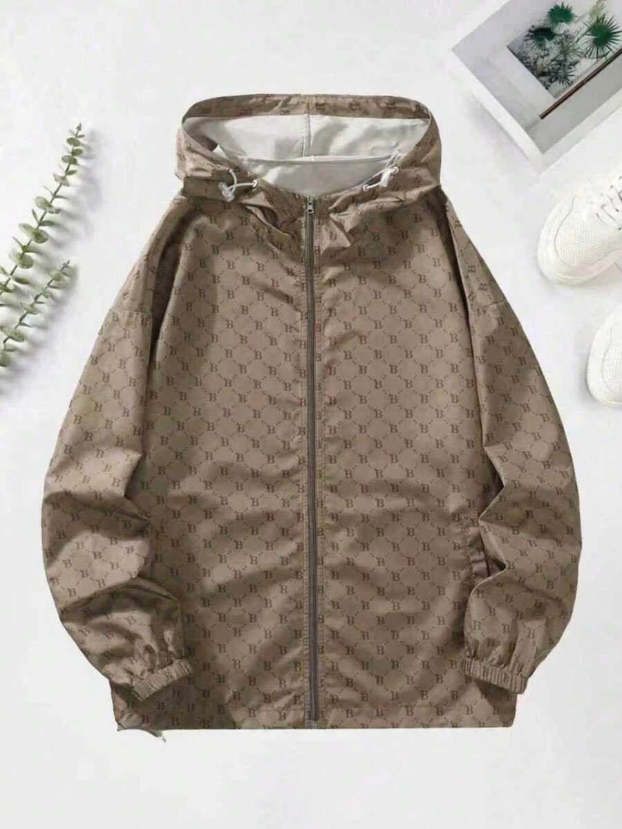 1pc Men's Long Sleeve Letter All-Over Print Hooded Jacket, Streetwear Casual Lightweight Windbreaker , Fall - Khaki - View 1