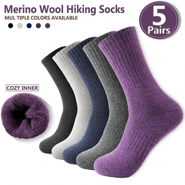 5 Pairs Merino Wool Hiking Socks, Thermal Warm Winter Thick Cushion Moisture Wicking Crew Boot Socks For Women For Cold Weather