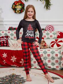 2pcs/Set Girls Christmas Family Matching Snug Fit Pajamas, Fun Letter & Christmas Tree Plaid Print Long Sleeve Top And Pants, Soft & Comfortable Sleepwear Set, Holiday Gift, Party Pajamas, Autumn/Winter