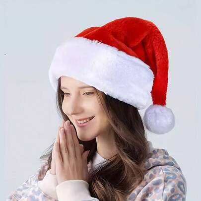 1顶圣诞老人毛绒圣诞帽 - 红色，可机洗，适合节日派对、装饰和圣诞装饰