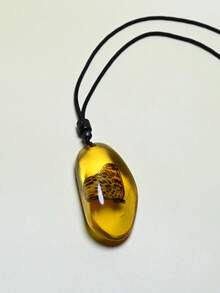 琥珀昆虫化石吊坠项链，复古树脂琥珀泪珠蝎子蝴蝶长项链，男女皆宜，不对称吊坠 - 黃色 - 查看 16