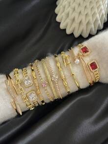 14K Gold Plated Rhinestone Embellished Minimalist Luxury Bamboo Knot Bracelet Set - Gold - View 8