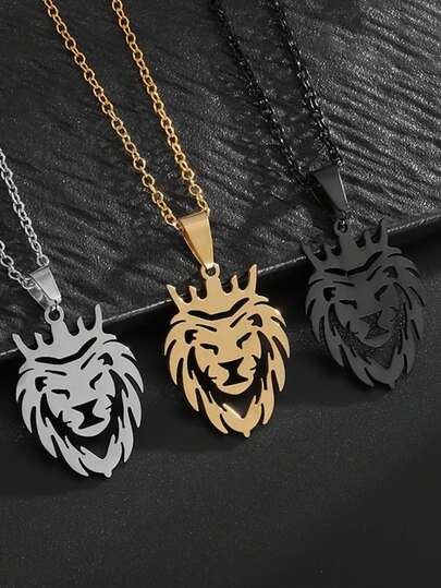 1pc Stainless Steel Crown Lion King Animal Pendant Necklace Men Fashion Casual Jewelry Couple Accessories