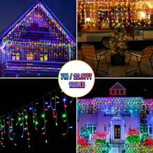 1串太阳能冰柱灯串，97/160颗LED灯珠，8种照明模式，IP65防水，户外太阳能帘灯，适用于房屋、花园、庭院、走廊、阳台、亭台楼阁等室内外装饰，非常适合圣诞节和万圣节装饰（暖白/白/彩色），户外太阳能花园灯 - 黑色 - 查看 18