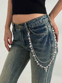 1pc Y2K Fashion Beaded Butterfly & Star Pendant Chain Belt, Simple & Elegant Acrylic Pearl Curved Needle Chain Street Style Accessory - Multicolor - View 3