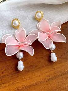 1 Paar übertriebene Blumen Stoff, Perlen & Quasten Ohrringe, süßes & modisches, zierliches, elegantes, schickes Design Ohrringe