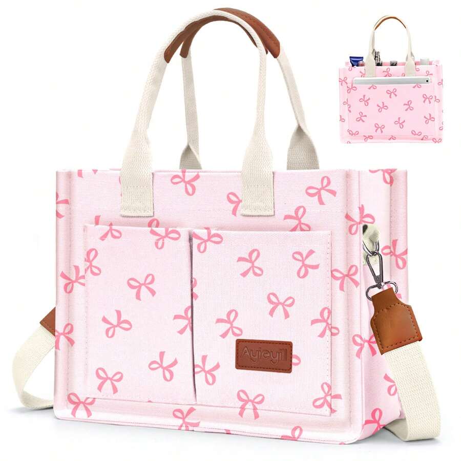 Pink Bow Tote Bag,Multi-Pocket Shoulder Bag For Women,Convertible Handbag For Crossbody/Shoulder Use,Suitable For Work And Commuting,Large Capacity,Portable,Classic Casual,Business Casual,For Teen Girls,Female College Students,White-Collar People,Perfect For Work,Back To School,Middle School,High School,College,Vacation,Fashion Tote Bag - 粉紅色蝴蝶結 - 查看 1