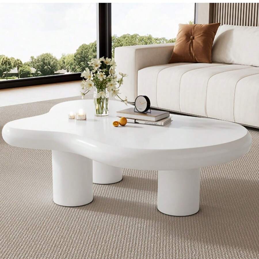 Irregular Cloud-Shaped Coffee Table, 97 Cm Long, 67 Cm Wide, 32 Cm High, MDF With Felt Glides, Lacquered Surface, Creative Coffee Table - White - View 1