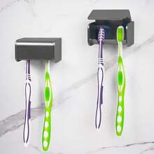 Toothbrush Holder Wall Mounted With Cover For Bathroom, Toothbrush Storage Organizer For Shower, Self Adhesive Toothbrush Hanger With Automatic Toothpaste Squeezer Dispenser - Grey - View 8