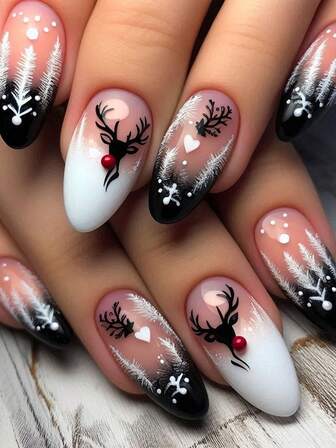 24pcs Christmas Almond Shaped Nail Tips With 3D Snowflake & Striped Design, Includes Nail File & Gel, Suitable For Women & Girls For Holiday Parties, Comes With Christmas Reindeer