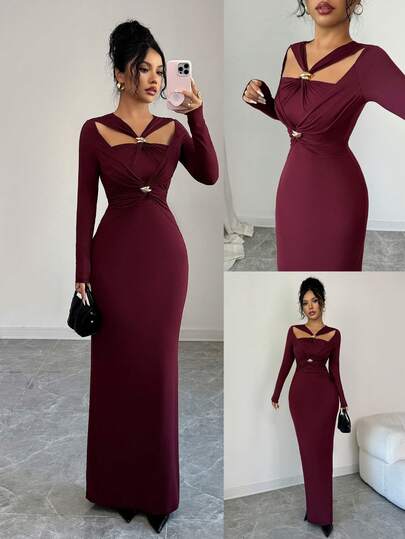 Damen elegantes Langarm-Kleid mit Hohlmuster, Kreuzausschnitt und Metalldekor, Burgunderrot, Lässig, Elegant, Alltag, Büro, Party, Date, Weihnachten, Neujahr, Thanksgiving, Valentinstag