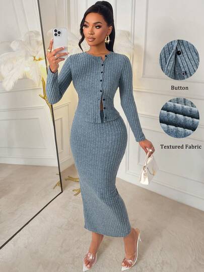 Conjunto de 2 piezas de top de mujer acanalado y falda con abertura, estilo sexy y urbano, de Amarilo