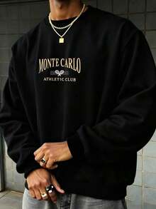 Men Letter Graphic Sweatshirt-Fall/Winter Casual Vintage Style Unisex Relaxed Fit Cotton Blend Long-Sleeve Crewneck Sweatshirtcomfortable And Breathable - 黑色 - 查看 1