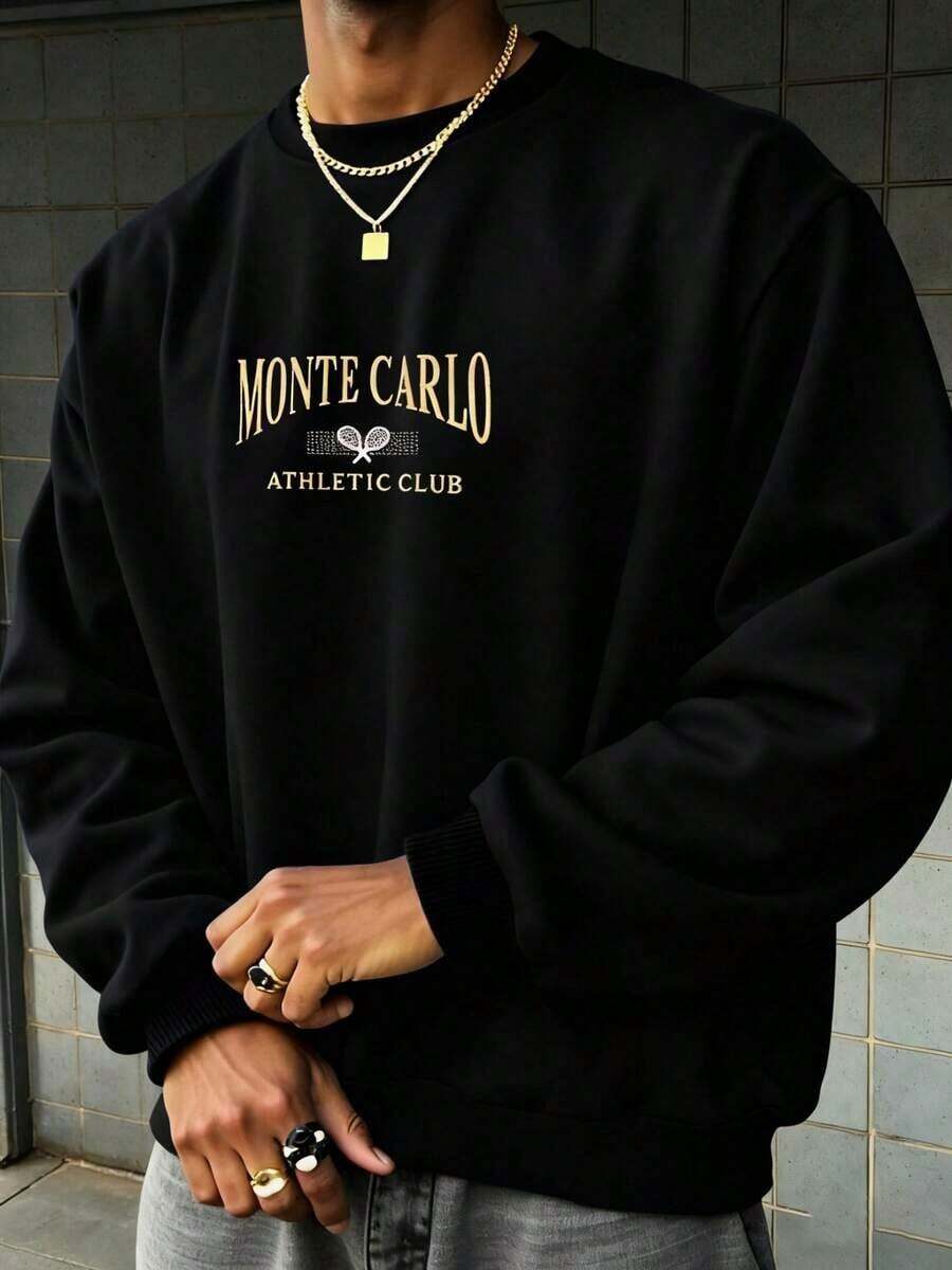 Men Letter Graphic Sweatshirt-Fall/Winter Casual Vintage Style Unisex Relaxed Fit Cotton Blend Long-Sleeve Crewneck Sweatshirtcomfortable And Breathable - 黑色 - 查看 1