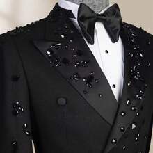 Traje De Hombre Elegante Beaded Luxury Men's Stage Performance Suit Heavy-Duty Craftsmanship For Niche Concerts Slim-Fit Suit Set - 黑色藍鑽外套+西裝褲 - 查看 3