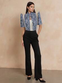 Amyenjoylife Modern Philippine Style Single Piece Women's Fashion Semi-Transparent Splicing Stand Collar Design Elegant Blouse, Button-Up Shirt Spring/Summer Versatile Philippine Style Women Short Jacket, Blue Blouse - Blue - View 3