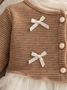 Spring/Autumn Baby Girls Elegant Long Sleeve Mesh Patchwork Princess Dress, Bow Decor, Birthday Party Wedding Occasion - Khaki - View 3