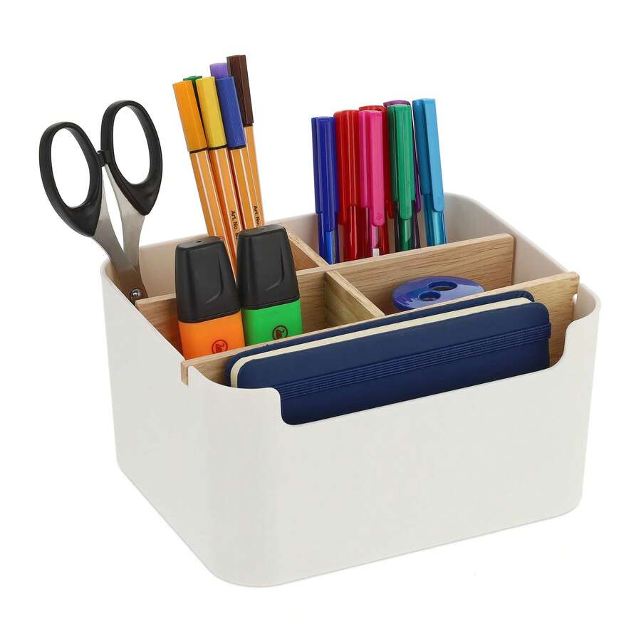 Desk Organiser With 5 Compartments, Plastic And Wood, Modern, HxWxD: 9.5 X 18 X 15 Cm, White - 白色 - 查看 1