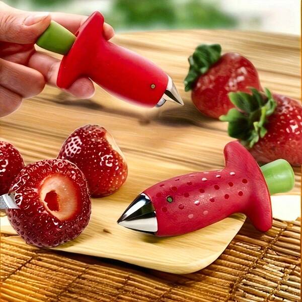 1 Stück Erdbeerschäler, leicht zu benutzender Edelstahl-Kerner, mit rotem Griff, Gemüse- und Obstutensilien, Küchenhelfer, zum Entfernen von Stielen von frischen Erdbeeren, zum Entfernen von Stielen, Kerner, Frucht-Stielentferner