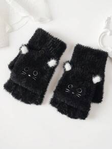 1 Pair Autumn/Winter Unisex Faux Fur Flip-Top Gloves, Cartoon Animal Design, Thick & Warm, Suitable For Riding, Writing, Half-Finger