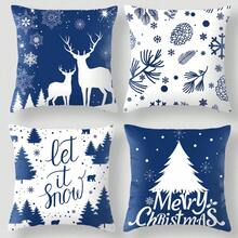 4pcs/set Blue Background 2pcs Deer & Pine Trees / White Background Pine Trees & Snowflakes Pattern Pillow Covers
