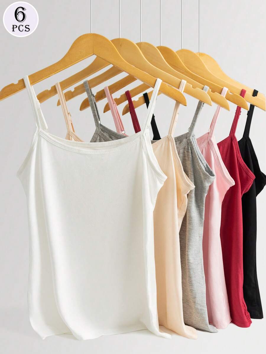 6Pcs  Women's Camisole Base Vest, Solid Color, Versatile, Adjustable, Can Be Worn As Inner Or Outer Wear - Đen trắng mơ xám hồng - Xem 1