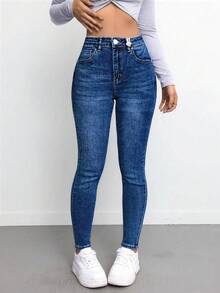 Vaqueros de mezclilla rectos, casuales, sexys, con lavado claro, rotos, con bolsillos de rejilla, largo largo, tejido elástico medio. - Azul - Ver 3