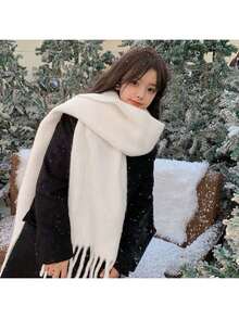 2pcs Solid Color Scarf, Winter Warm Neck, Thickened Wool Knitted Thick Fringed Shawl, Can Be Worn