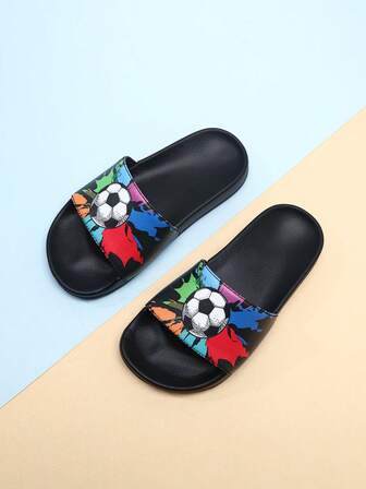 儿童泡沫拖鞋，轻便防滑软底可爱足球设计，适合休闲室内/室外穿着，速干，简约纯色厚底男女通用沙滩/篮球凉鞋