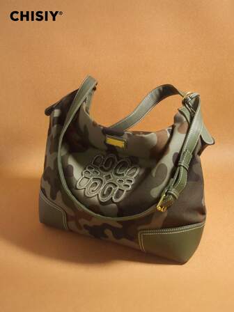 原创手工制作撞色宽肩带迷彩面料和人造皮革时尚休闲帆布手提包，简约优雅风格，大容量，可调节肩带，拉链开合，适合办公室女士、商务女性、学生、购物、旅行、春夏季