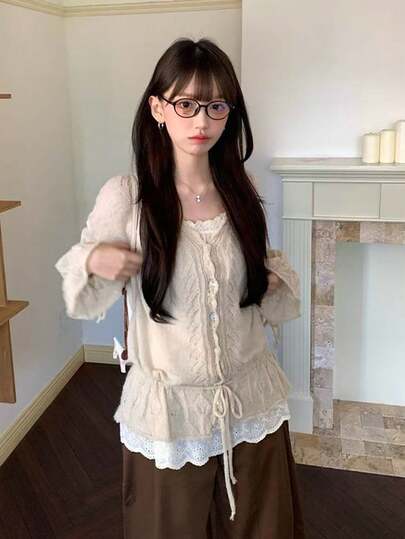 女士抽绳镂空针织开衫，宽松慵懒风，秋季