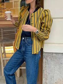 1 件纯色纹理条纹编织面料前扣女式常规夹克，适合春秋季、度假和日常穿着 - 彩色 - 查看 3